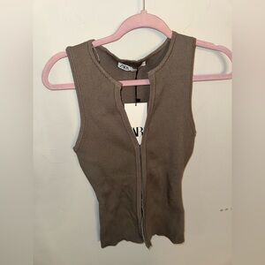 ZARA Olive Ribbed Zip-Front Tank